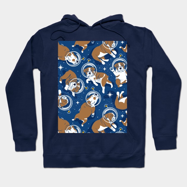 Sleepy astronaut // pattern // classic blue background white and bronze English Bulldogs goldenrod yellow antennas Hoodie by SelmaCardoso